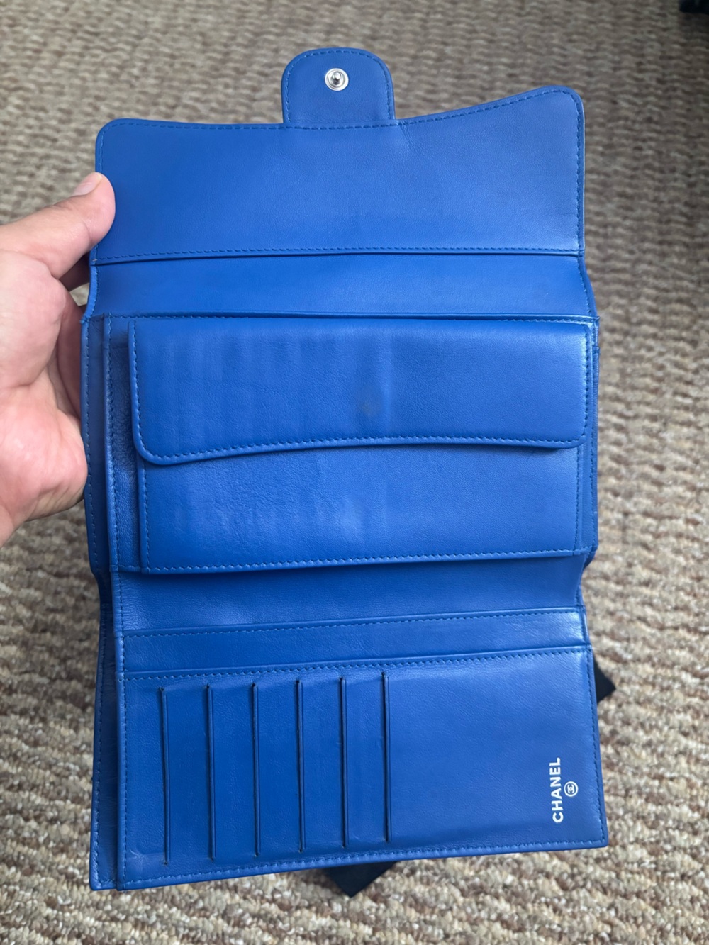 Authentic CHANEL Continental Quilted Patent Leather Wallet in Deep Blue - Picture 6 of 15